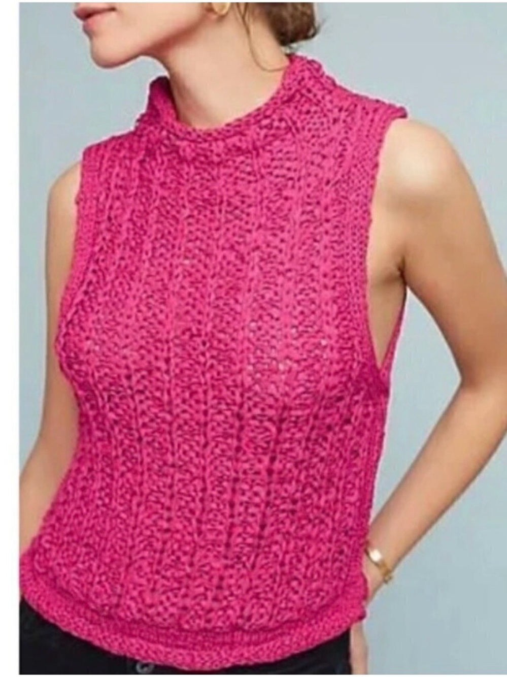 Moth Ribbon Crochet‎ Top Medium Petite Pink Sleeveless High Neck Fairy Cottage